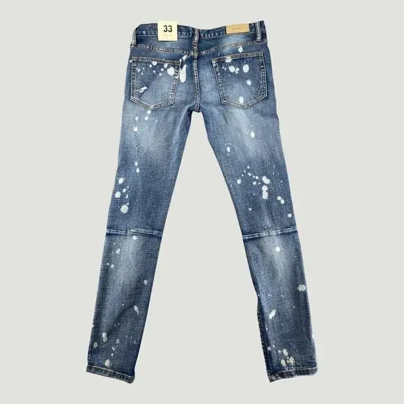 MNML Splash Stretch Denim Jeans Blue Paint Splatter Distressed Ankle Zip 33 - Picture 2 of 8